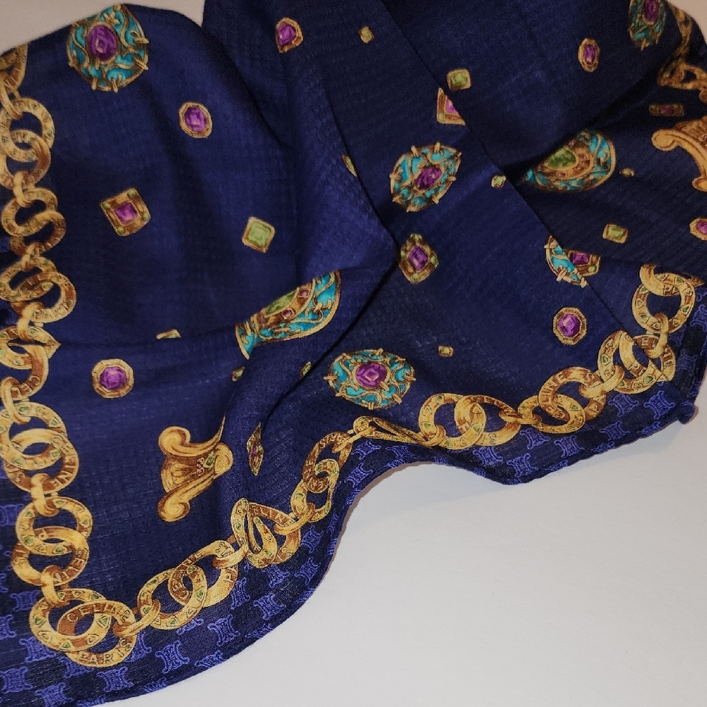Celine Navy and Gold Chain Pattern Scarf - Picture 4 of 5